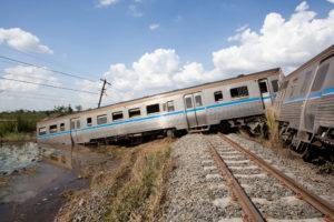 A passenger train that has derailed.